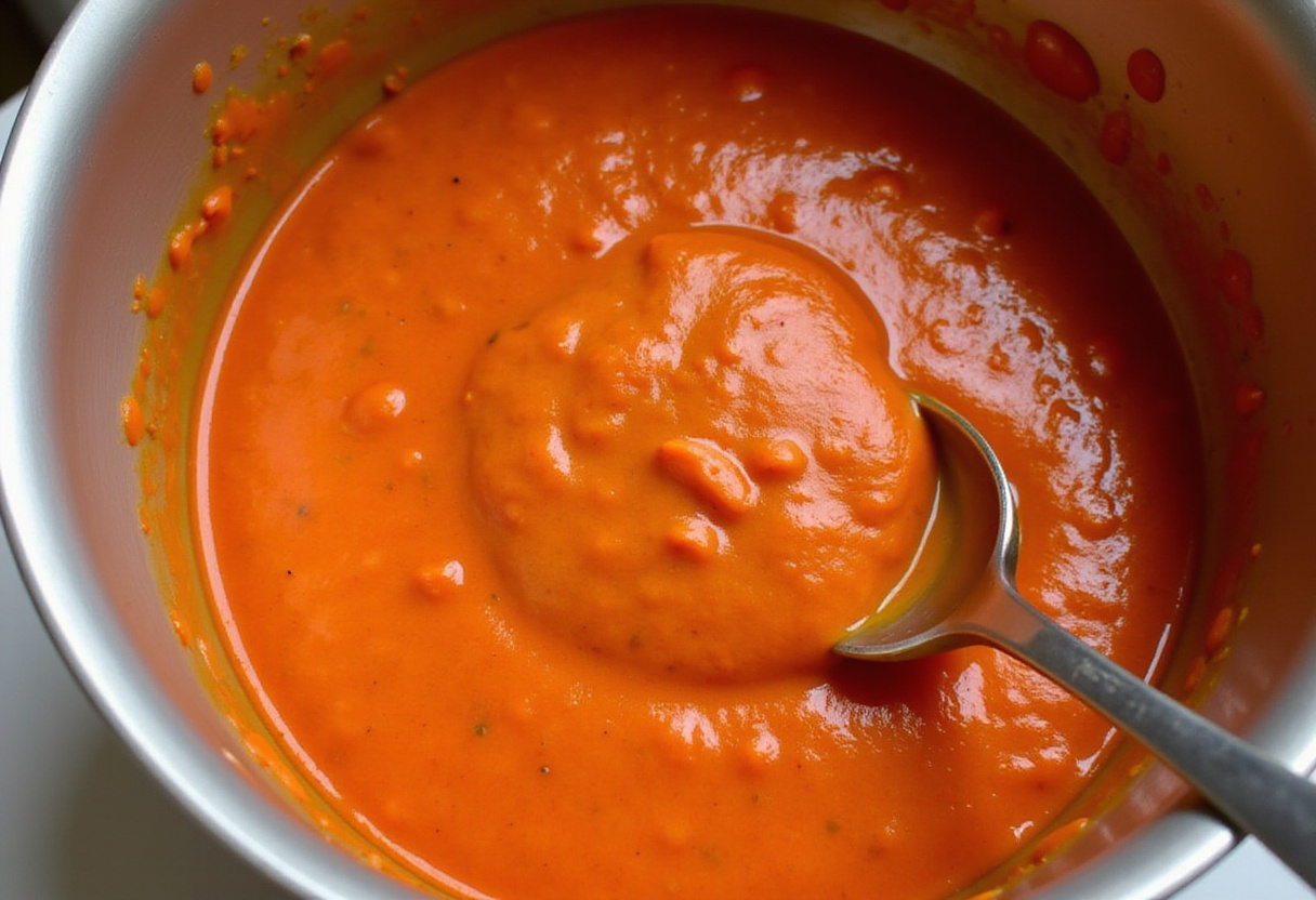 Creamy tomato sauce made for pasta, vibrant colors in a mixing bowl, cooking preparation.