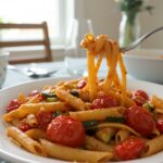 Final presentation of succulent tomato zucchini pasta, capturing the essence of this delightful and healthy recipe in an inviting dining environment.