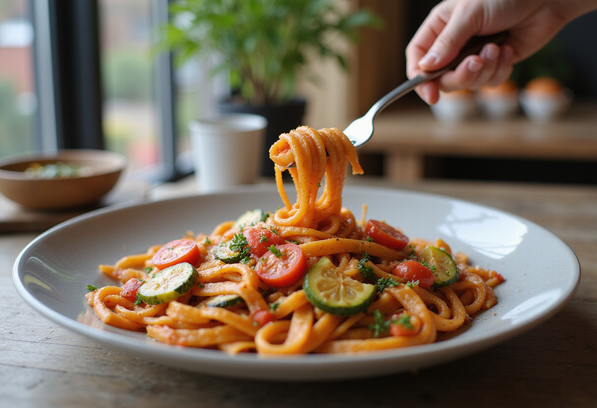 Final presentation of succulent tomato zucchini pasta, capturing the essence of this delightful and healthy recipe in an inviting dining environment.