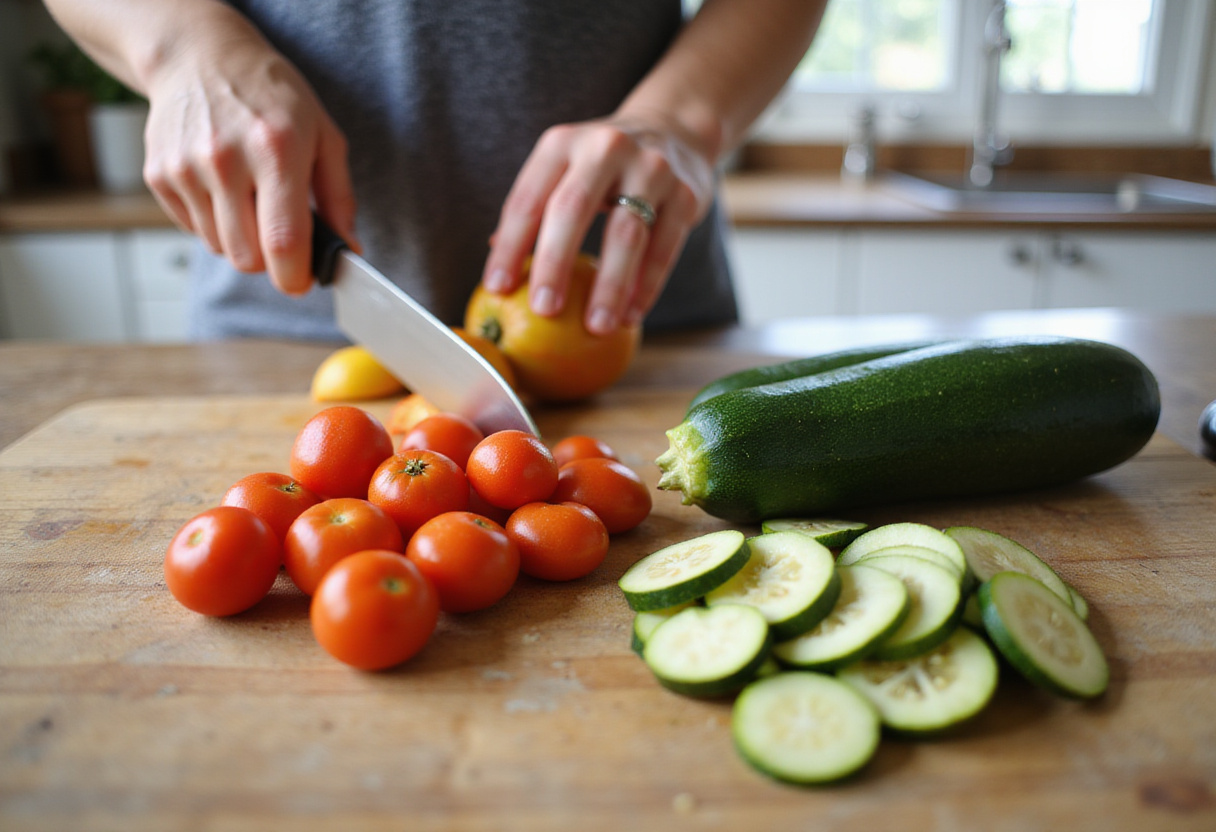 Fresh tomatoes and zucchini being chopped for a delicious tomato zucchini pasta recipe, showcasing vibrant colors and fresh ingredients.