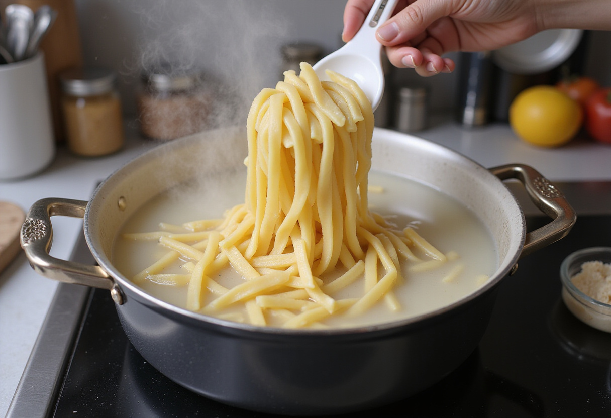 Pasta cooking in boiling water, essential for creating a hearty tomato zucchini pasta recipe, with a warm kitchen atmosphere.