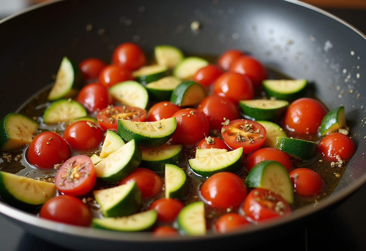 Sautéing tomatoes and zucchini in olive oil, preparing for a flavorful tomato zucchini pasta, highlighting vibrant vegetables and herbs.