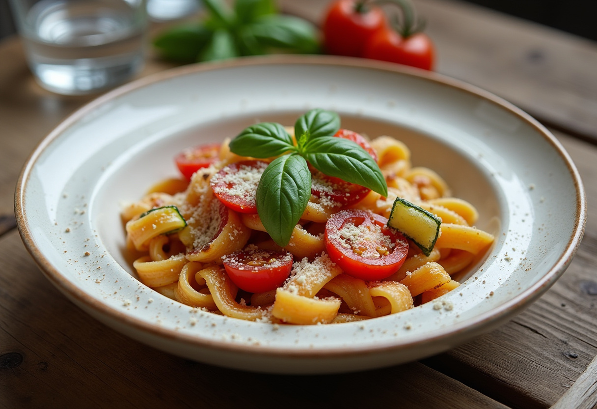 Deliciously plated tomato zucchini pasta topped with fresh herbs and cheese, ideal for showcasing the final result of a hearty meal.