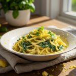Deliciously plated Zesty Lemon Ricotta and Spinach Pasta with fresh herbs and lemon zest, showcasing a vibrant and appetizing meal.