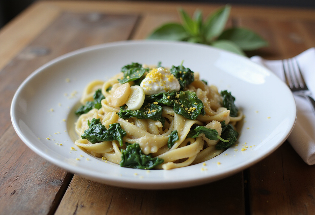 Deliciously plated Zesty Lemon Ricotta and Spinach Pasta with fresh herbs and lemon zest, showcasing a vibrant and appetizing meal.