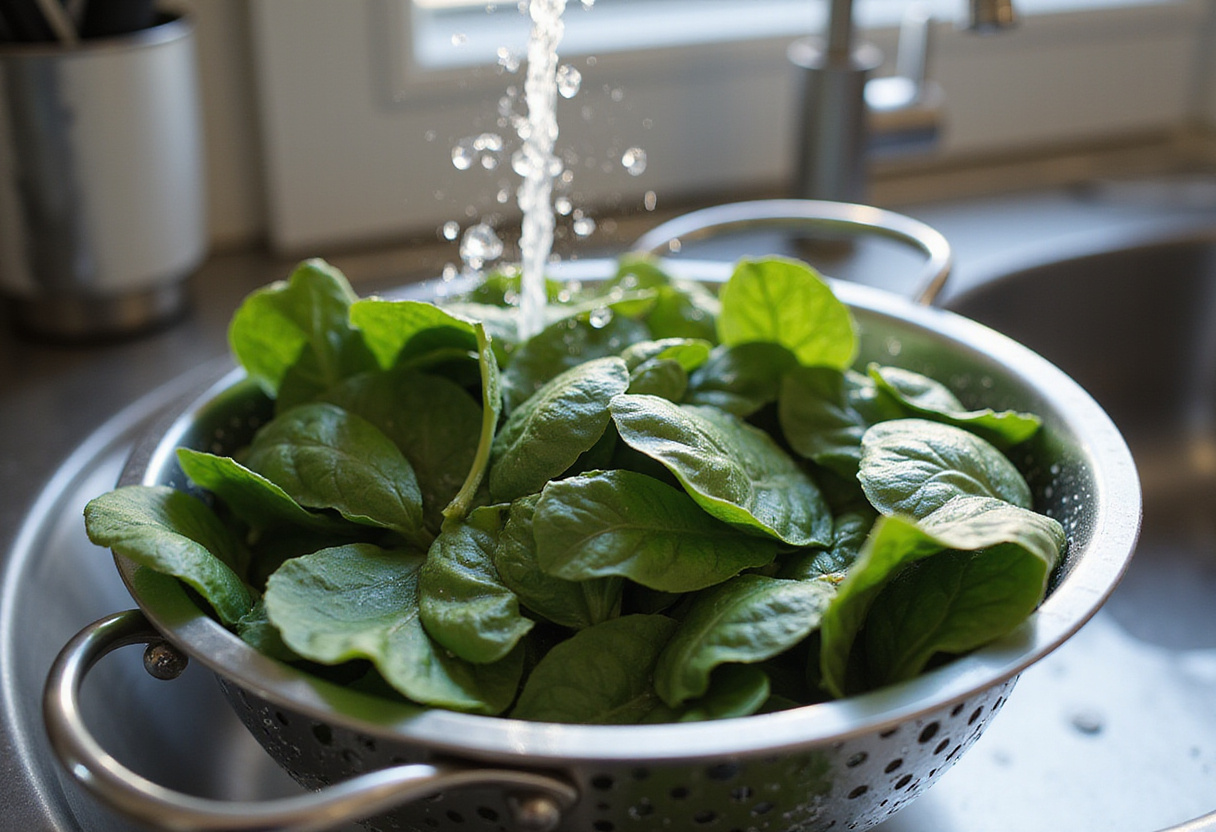 Fresh spinach leaves rinsed in a colander in a modern kitchen, perfect for Zesty Lemon Ricotta and Spinach Pasta.
