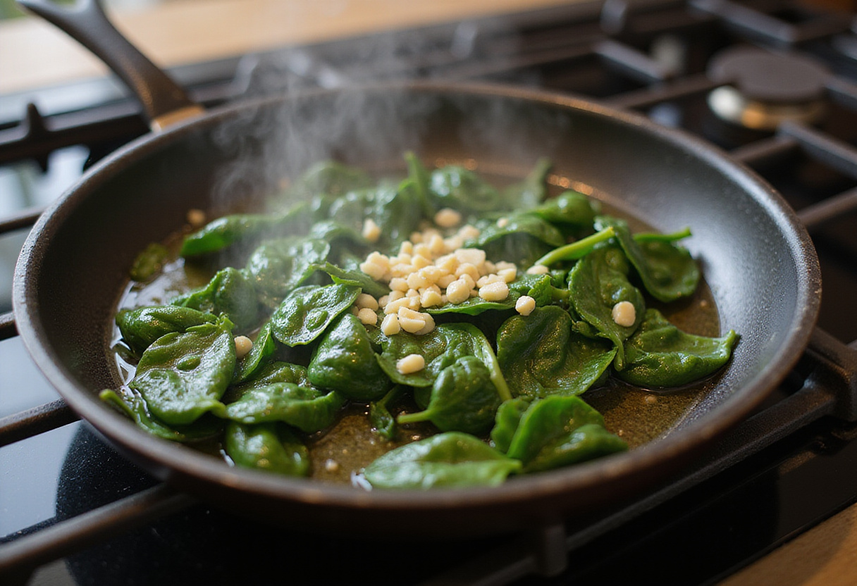 Cooking garlic and sautéed spinach in a skillet with olive oil, essential for adding flavor to Zesty Lemon Ricotta and Spinach Pasta.