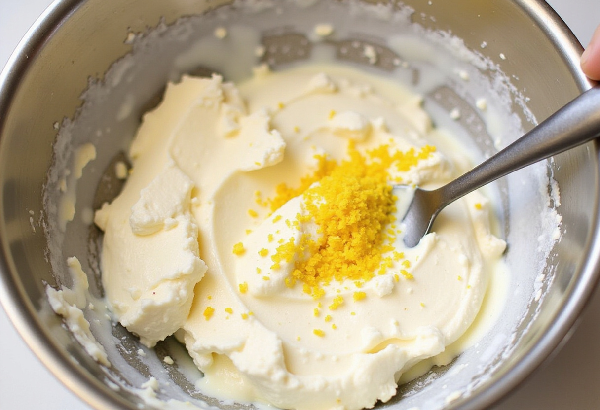 Blending ricotta cheese with lemon zest and lemon juice in a mixing bowl for Zesty Lemon Ricotta and Spinach Pasta.