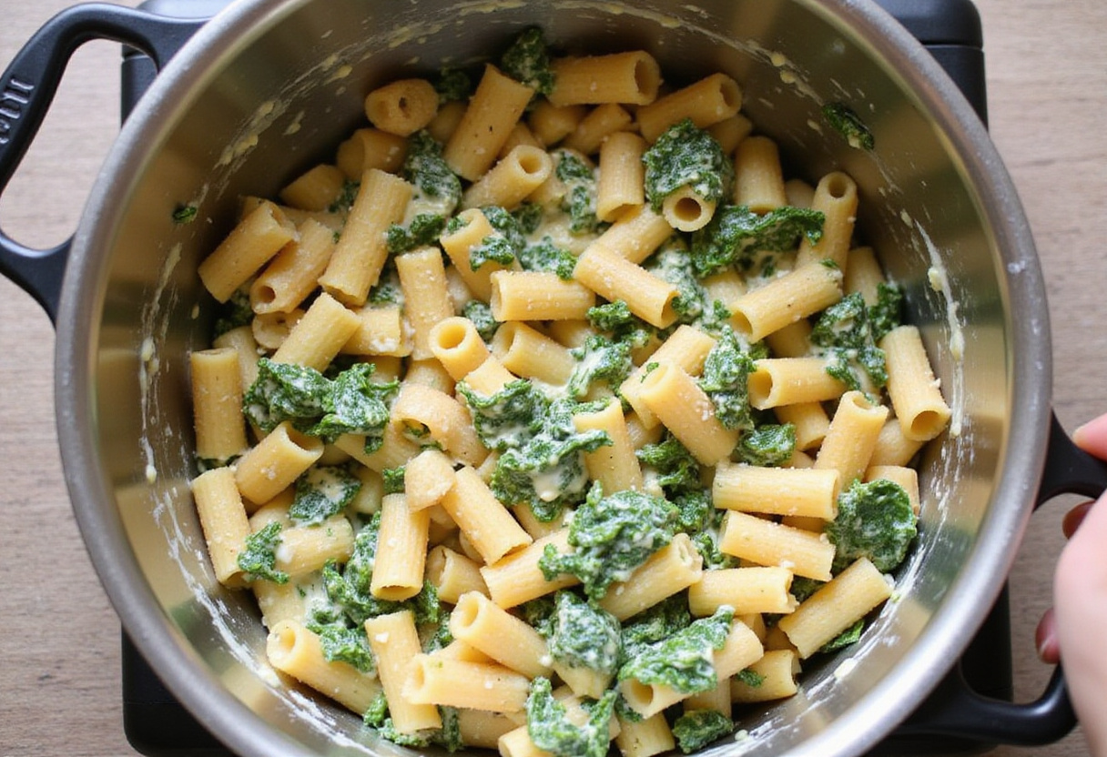 Tossing cooked pasta with spinach and ricotta mixture, preparing Zesty Lemon Ricotta and Spinach Pasta before serving.