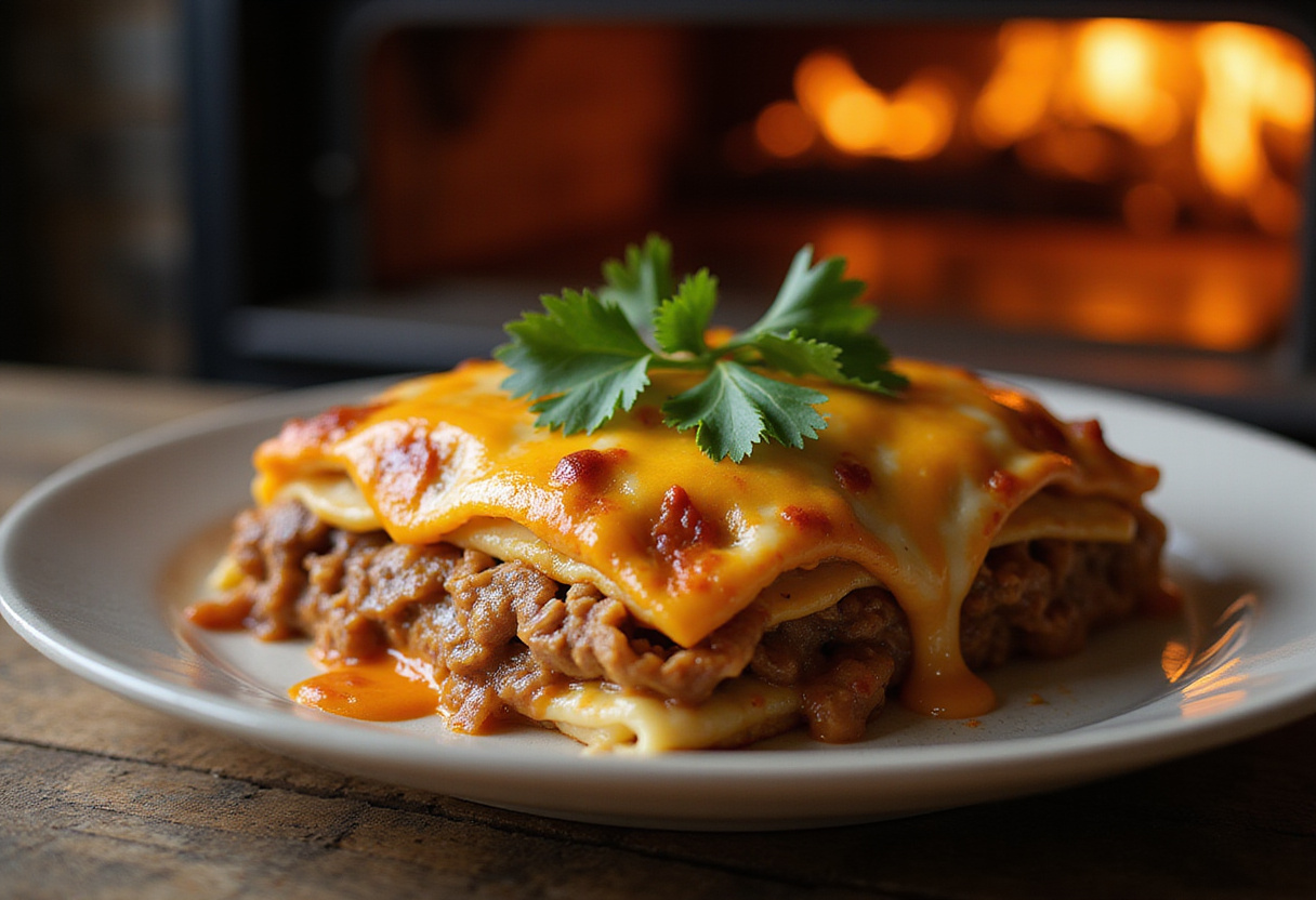 The best taco lasagna ready to serve, showing off its delicious layers and garnished for an appealing presentation.