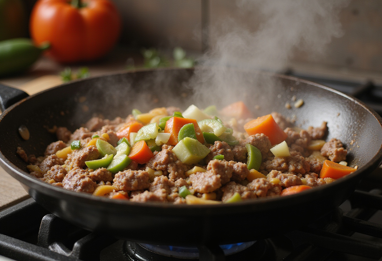 Ground beef cooking with onions and peppers for the best taco lasagna recipe, showcasing a warm kitchen atmosphere.