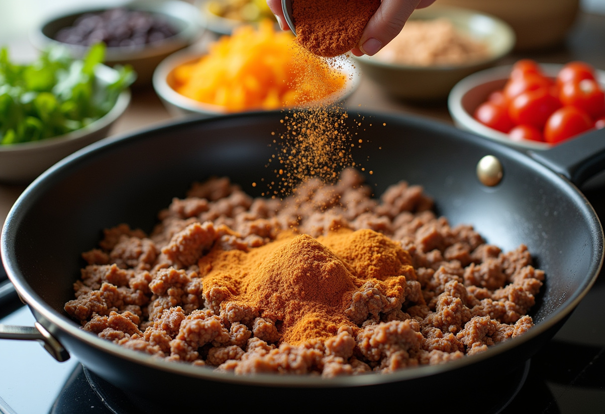 Adding taco seasoning to the ground beef for the best taco lasagna, highlighting fresh ingredients and seasoning.