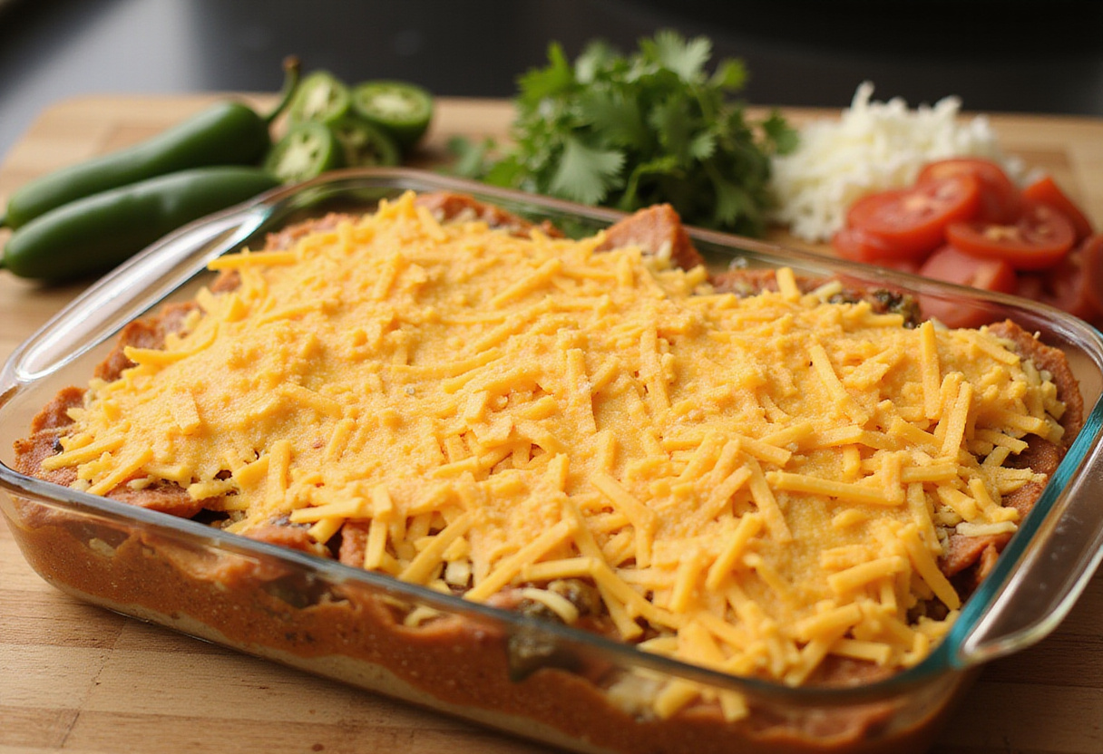 Sprinkling cheese on the taco lasagna as a final touch, preparing to bake for the best taco lasagna experience.