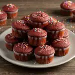 Best recipes of Red Velvet Marble Cupcakes beautifully arranged on a plate, showcasing their delightful red and white marbled appearance.