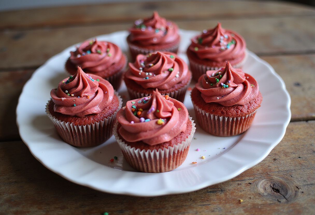 Best recipes of Red Velvet Marble Cupcakes beautifully arranged on a plate, showcasing their delightful red and white marbled appearance.