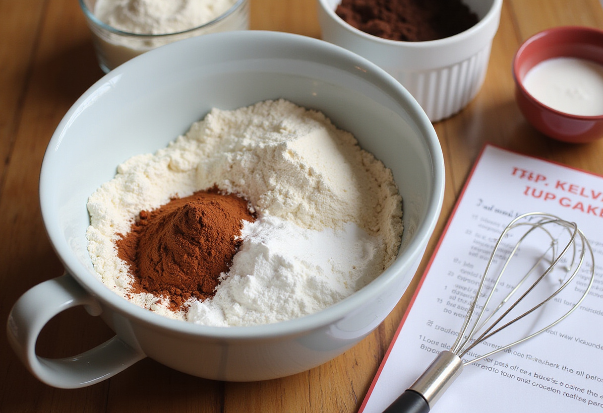 Best recipes of Red Velvet Marble Cupcakes ingredients including flour, baking powder, and cocoa powder in a mixing bowl.