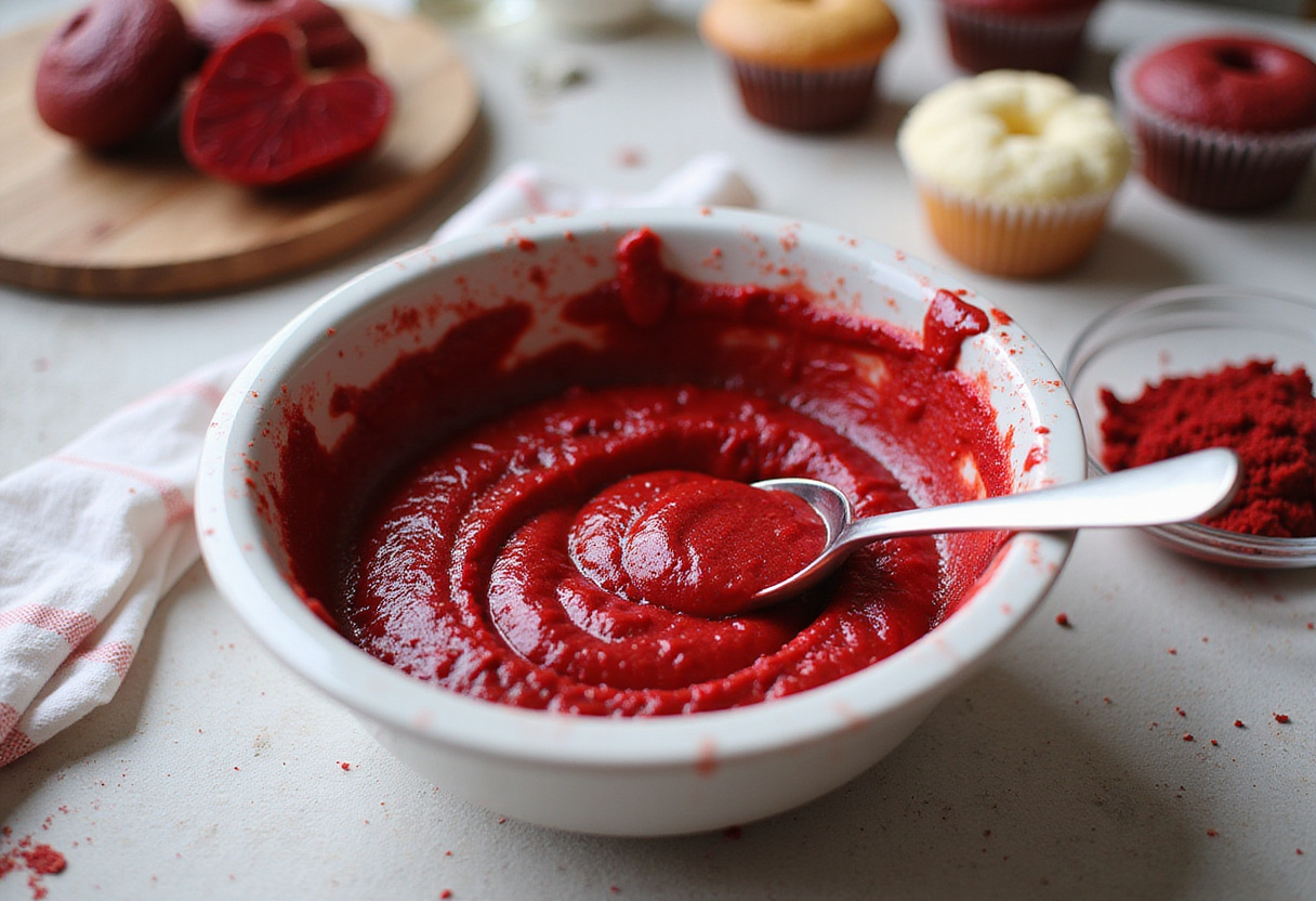 Best recipes of Red Velvet Marble Cupcakes featuring a bright red velvet batter being prepared in a mixing bowl.