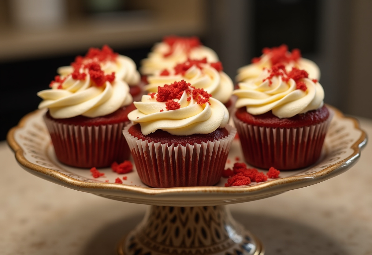 Best recipes of Red Velvet Marble Cupcakes showing beautifully frosted cupcakes on a cake stand, perfect for any dessert table.