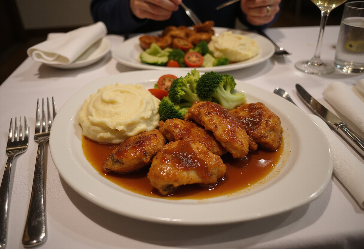 how to make the best crispy honey butter chicken, final serving of crispy honey butter chicken, gourmet fried chicken presentation, delicious chicken dinner with sides