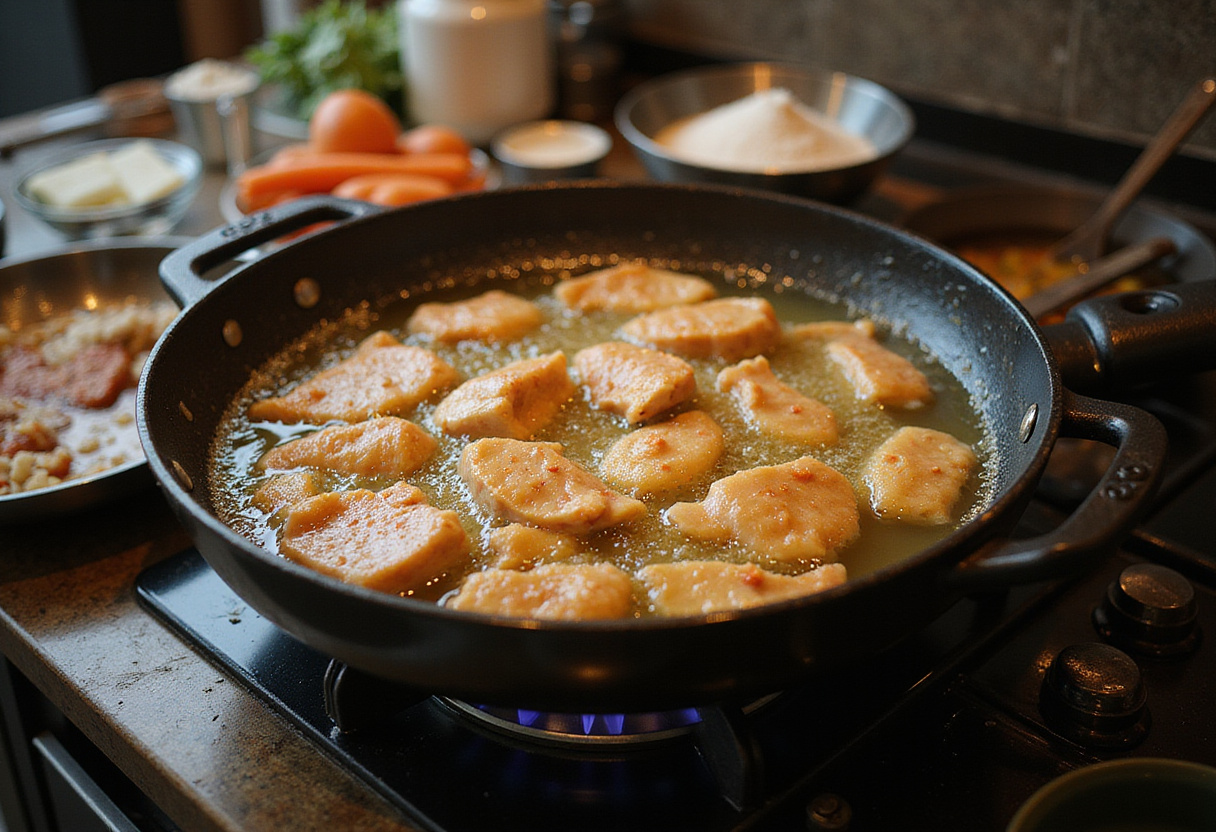 how to make the best crispy honey butter chicken, frying chicken in hot oil, golden brown crispy chicken cooking, homemade fried chicken in preparation