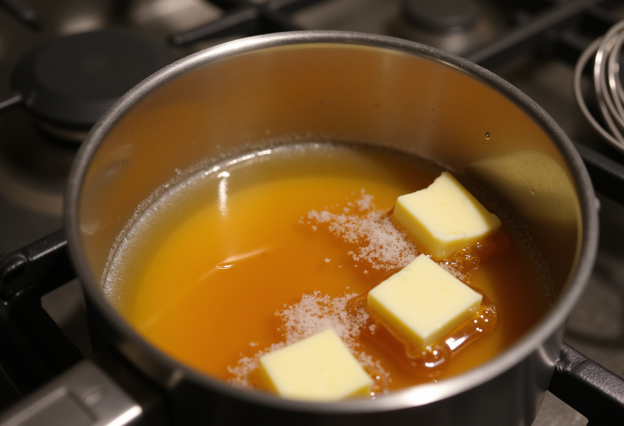 how to make the best crispy honey butter chicken, melting honey butter sauce for chicken, preparing honey butter mixture, making sweet sauce for fried chicken