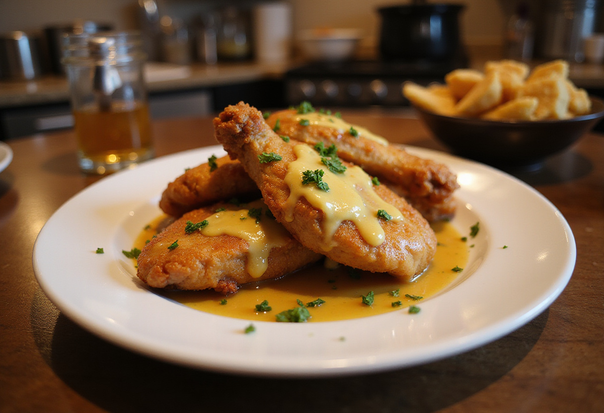 how to make the best crispy honey butter chicken, serving crispy chicken with honey butter, beautifully plated fried chicken, delicious crispy honey butter chicken ready to eat
