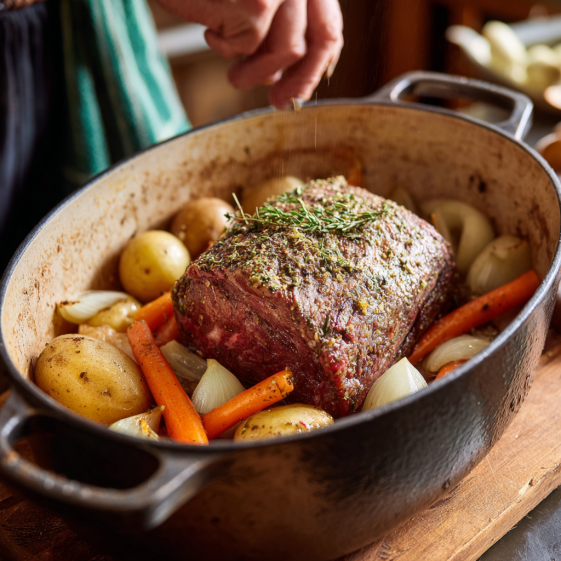 Pot roast preparation with seasoned beef roast and vegetables in a cozy kitchen, perfect for a quick and easy recipe.