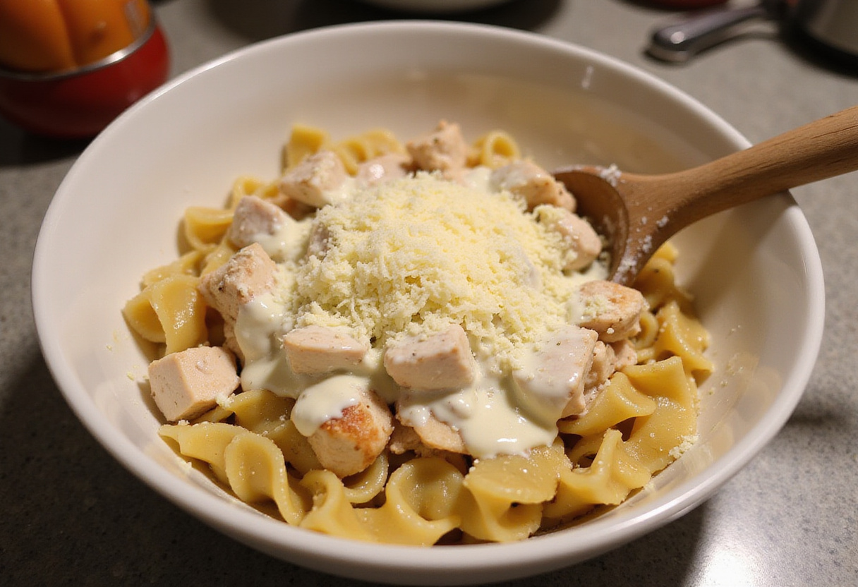Mixing pasta, chicken, and creamy sauce for Chicken Alfredo Casserole, a comforting and rich dish.