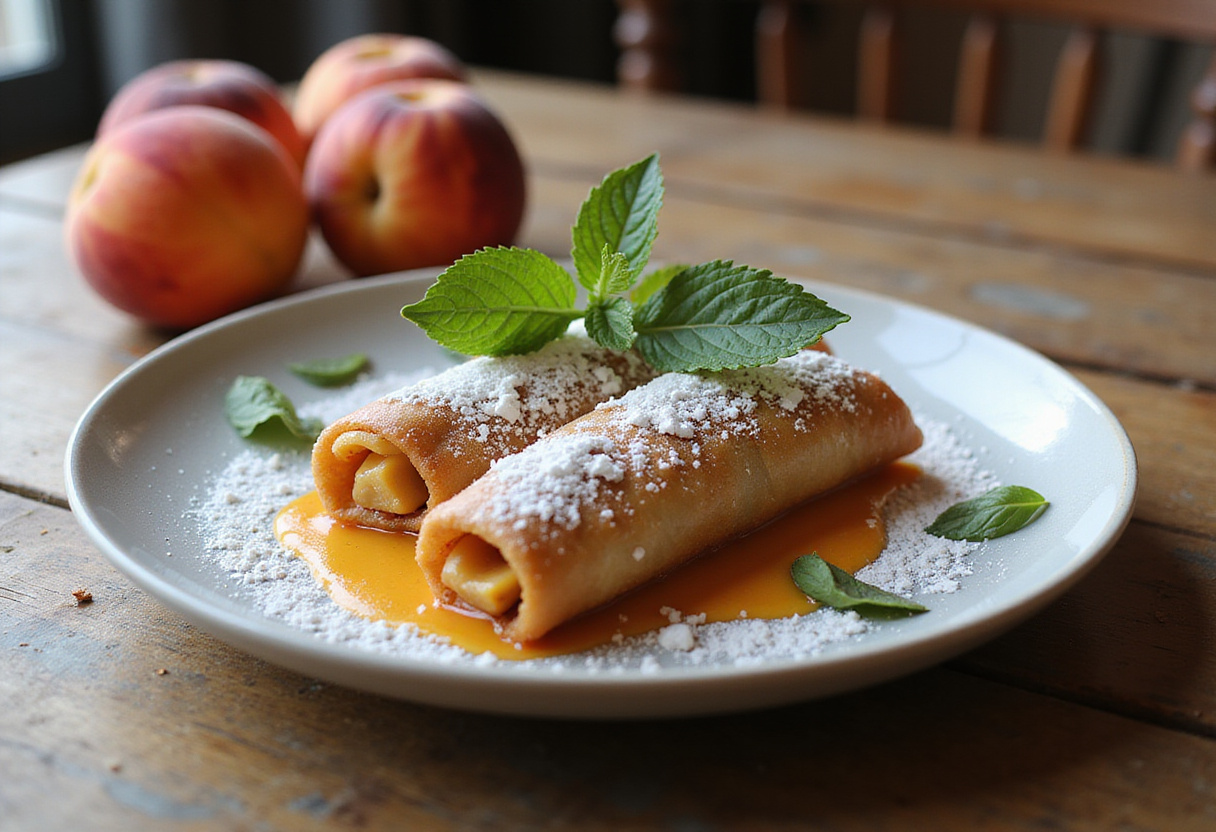 Delicious Peach Cobbler Egg Rolls served with mint and peaches, showcasing a perfect dessert presentation.