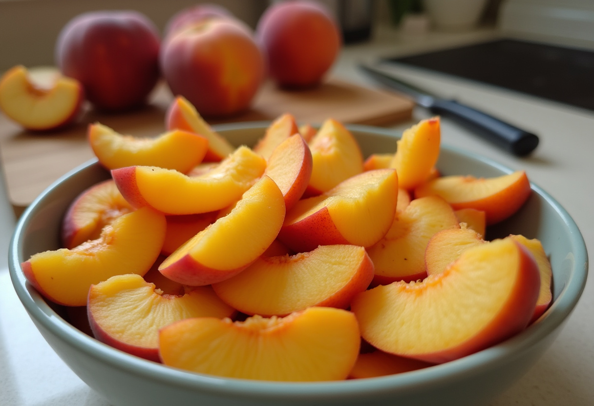 Peach preparation for the best Peach Cobbler Egg Rolls with fresh slices and vibrant colors.