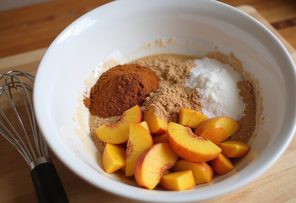 Mixing peach filling for the best Peach Cobbler Egg Rolls with sugar and spices in a cozy kitchen.