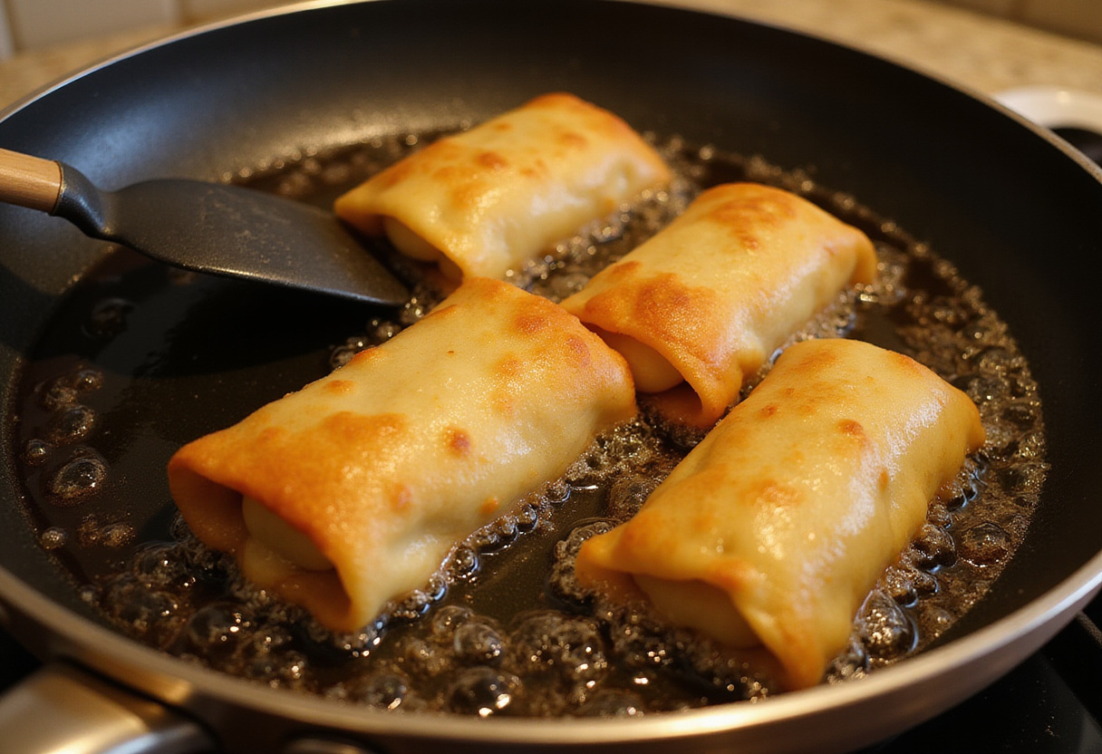 Frying egg rolls to a golden perfection for the best Peach Cobbler Egg Rolls in a lively kitchen.