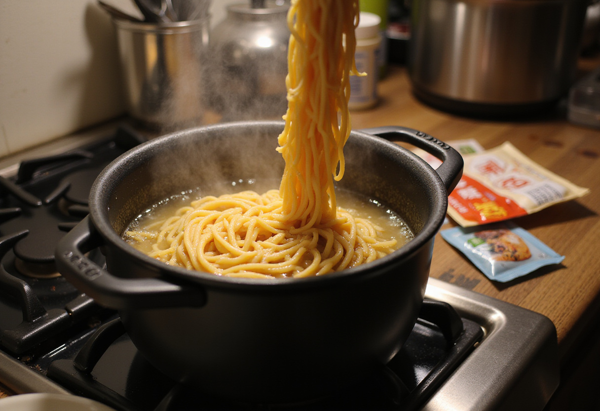 Cooking ramen noodles in boiling water for easy saucy ramen recipe, perfect for a quick meal.