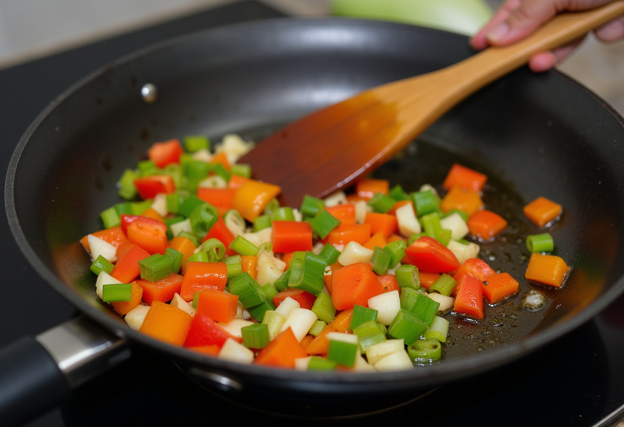 Sautéing vegetables for easy saucy ramen noodles, bringing flavor and freshness to the dish.