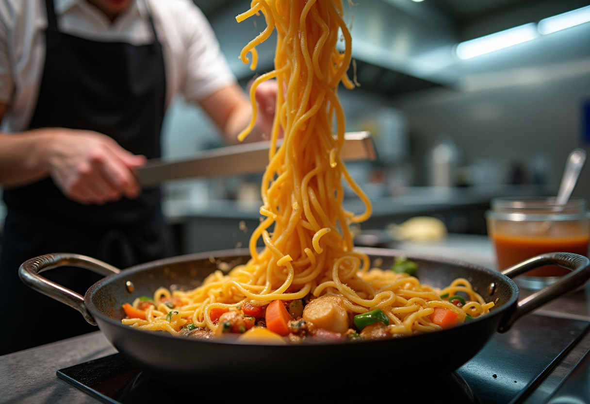 Mixing ramen noodles with vegetables and sauce for easy saucy ramen, ensuring every ingredient is well combined.