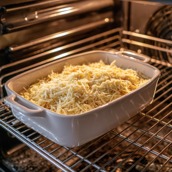 Baking dish filled with Chicken Alfredo Casserole mixture, ready to be baked for a hearty family meal.