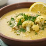 Final presentation of the 30-minute cauliflower chicken soup, an easy-to-make anti-inflammatory dish garnished with herbs and lemon.