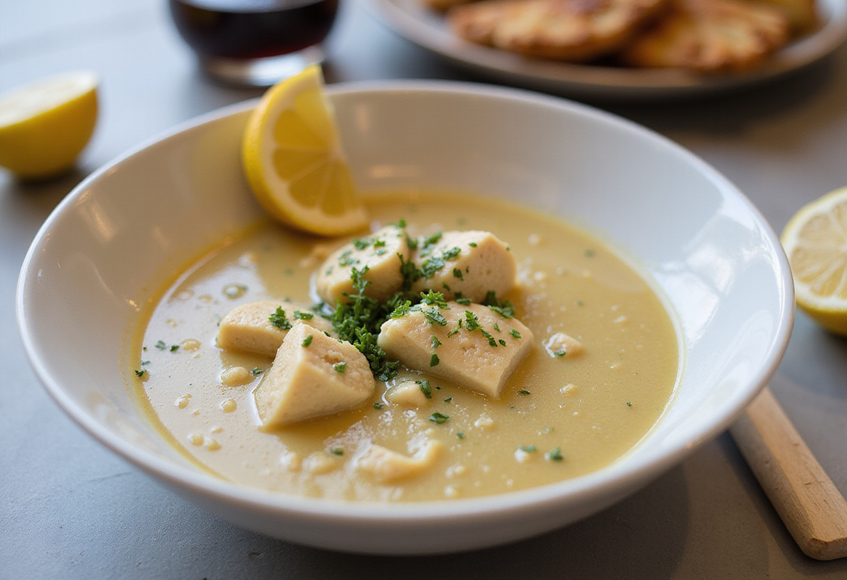 Final presentation of the 30-minute cauliflower chicken soup, an easy-to-make anti-inflammatory dish garnished with herbs and lemon.