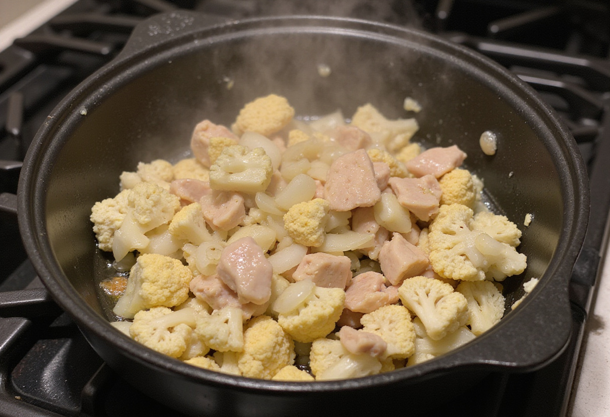 Chopped cauliflower, chicken, and onions being sautéed in a pot for 30-minute cauliflower chicken soup, an easy anti-inflammatory recipe.