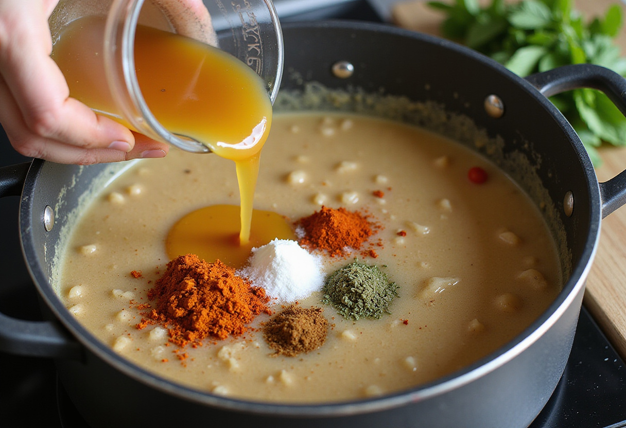 Vegetable broth and spices being added to the sautéed mixture for a flavorful 30-minute cauliflower chicken soup with anti-inflammatory benefits.