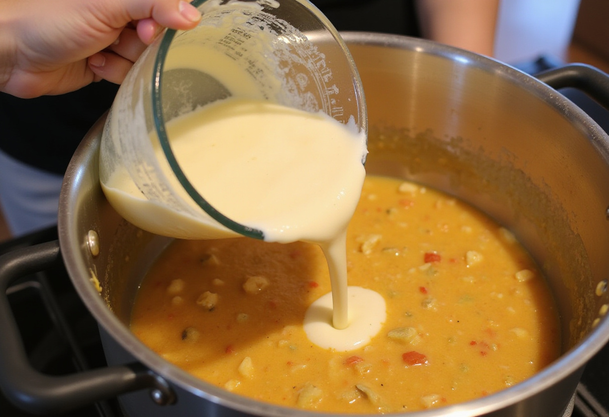 Blending part of the soup to create a creamy texture for the cauliflower chicken soup, enhancing its anti-inflammatory properties.