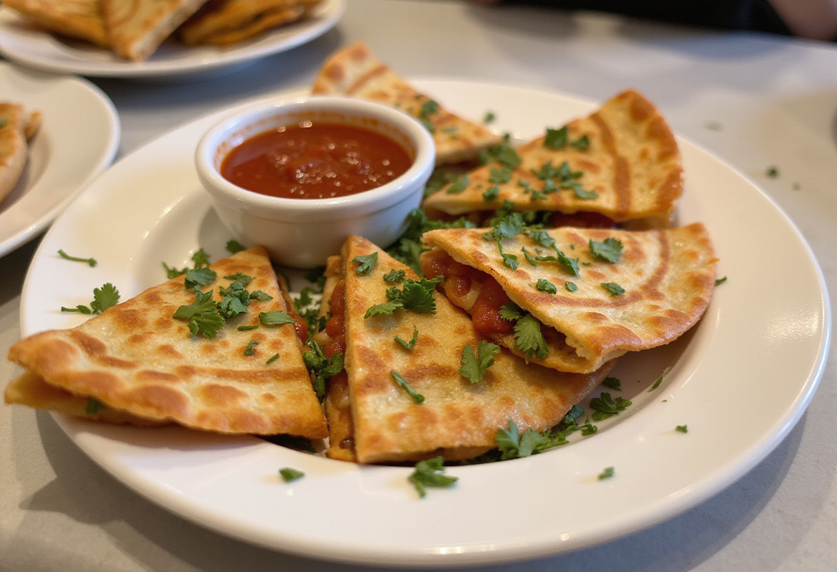 Deliciously plated 5-Minute Pepperoni Pizza Quesadilla wedges, garnished and ready to enjoy with marinara dipping sauce.