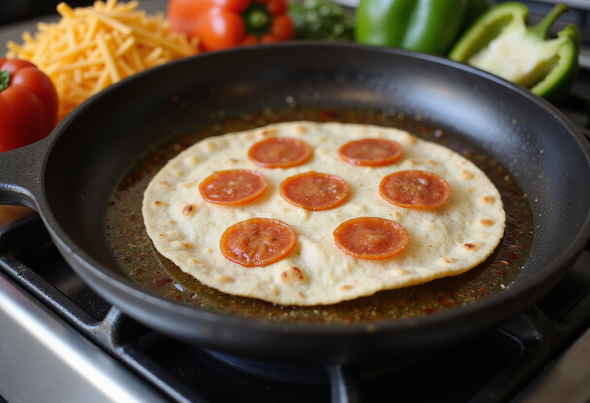 Easy 5-Minute Pepperoni Pizza Quesadilla ingredients in a frying pan, showcasing tortilla, cheese, and pepperoni.