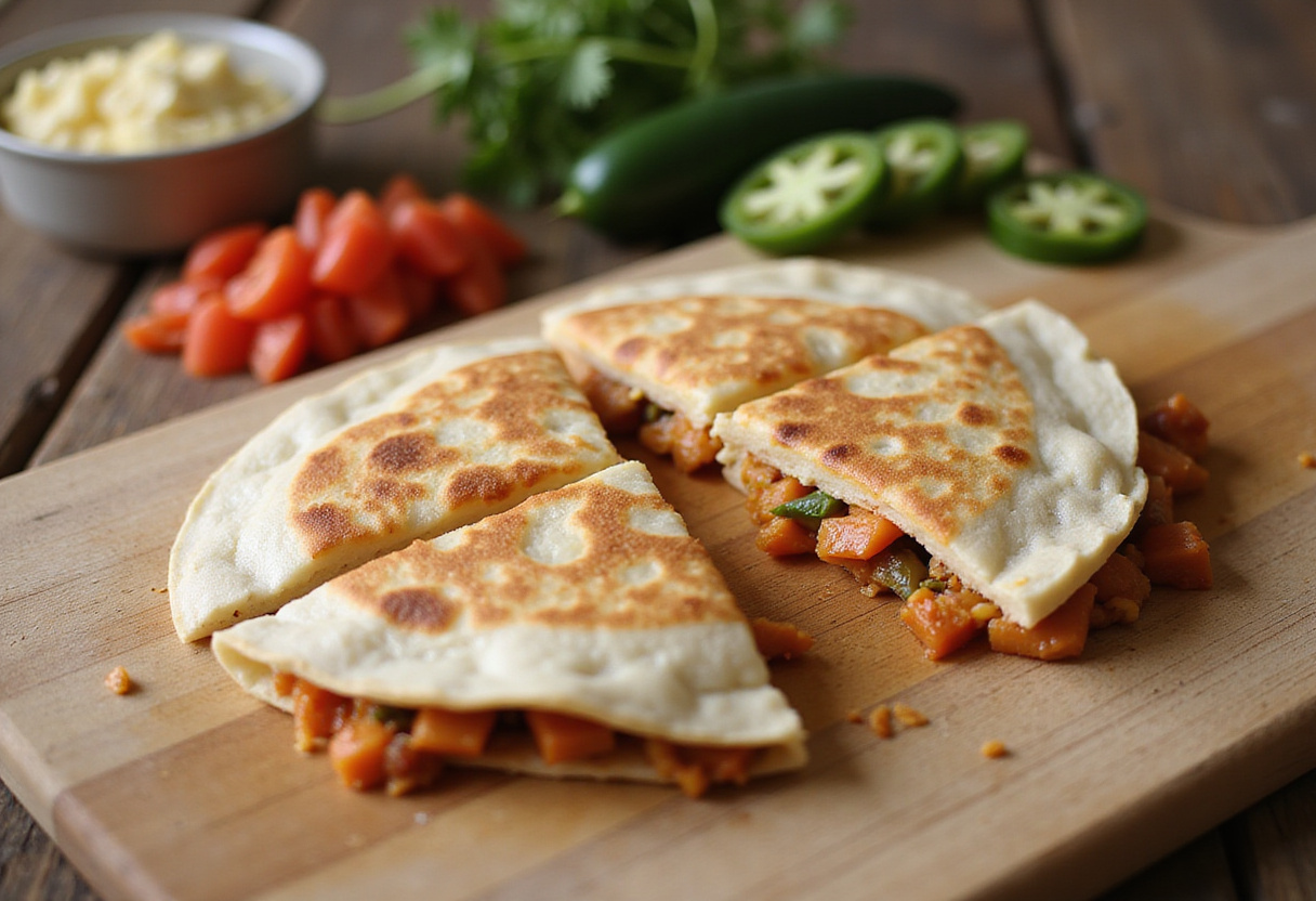 Sliced 5-Minute Pepperoni Pizza Quesadilla on a cutting board, garnished with fresh toppings and ready to serve.