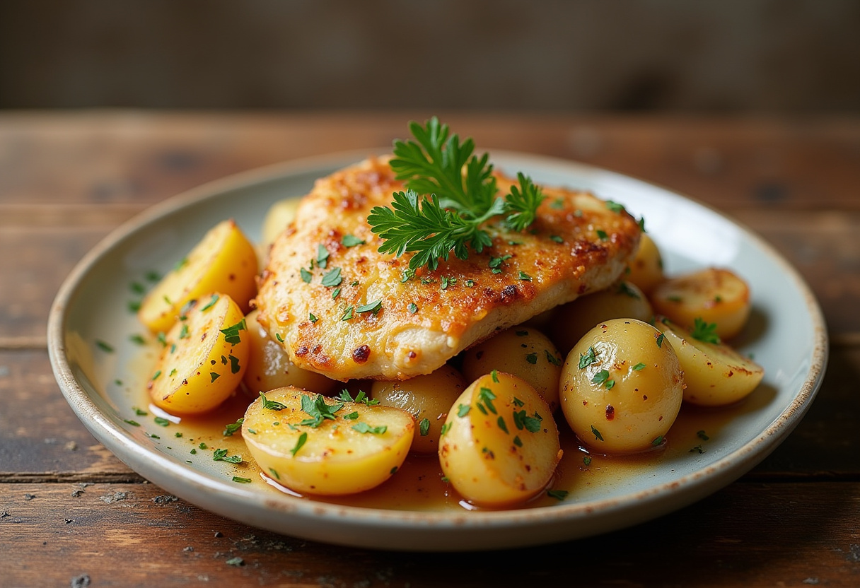 Beautifully plated Garlic Parmesan Chicken and Potatoes garnished with parsley, a must-try recipe showcasing a savory chicken dish.