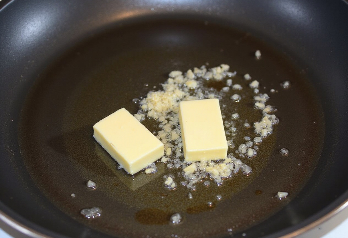 Preparing garlic in melted butter for Garlic Parmesan Chicken and Potatoes, a delicious chicken recipe with sautéed garlic.