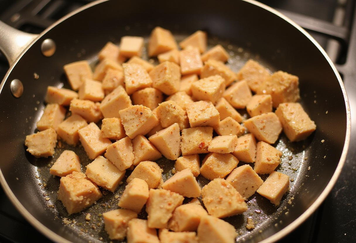 Cooking diced chicken for Garlic Parmesan Chicken and Potatoes, showcasing the browned chicken pieces in the skillet.