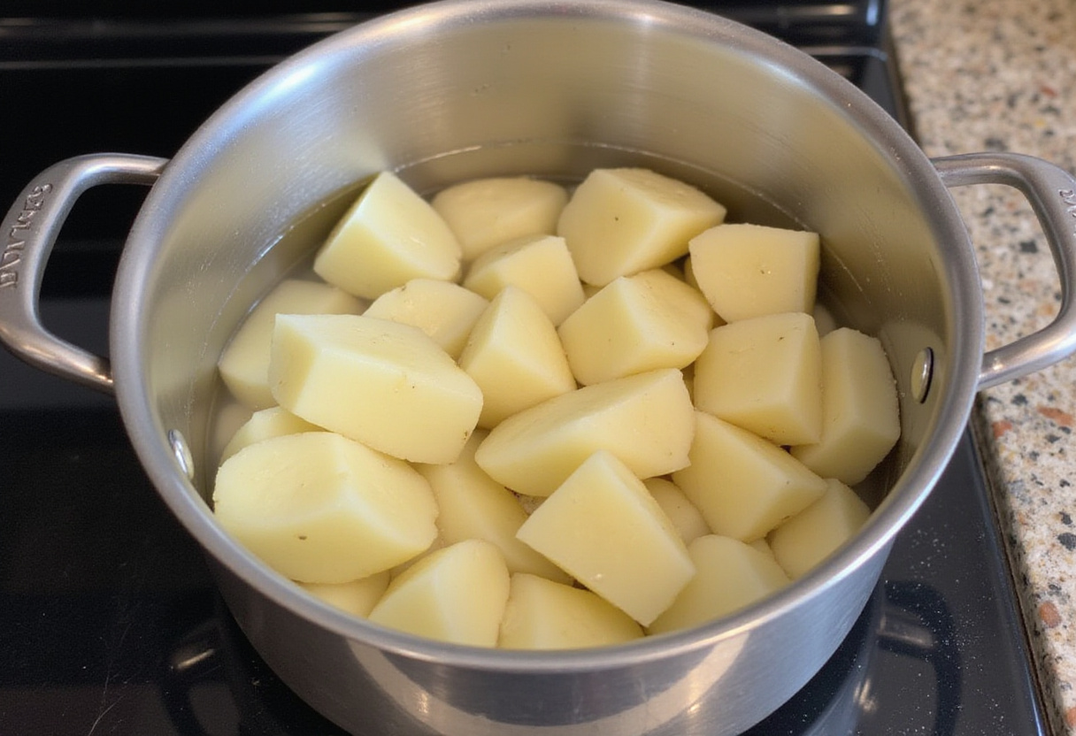 Boiling diced potatoes for Garlic Parmesan Chicken and Potatoes, a key step in preparing this flavorful dish.