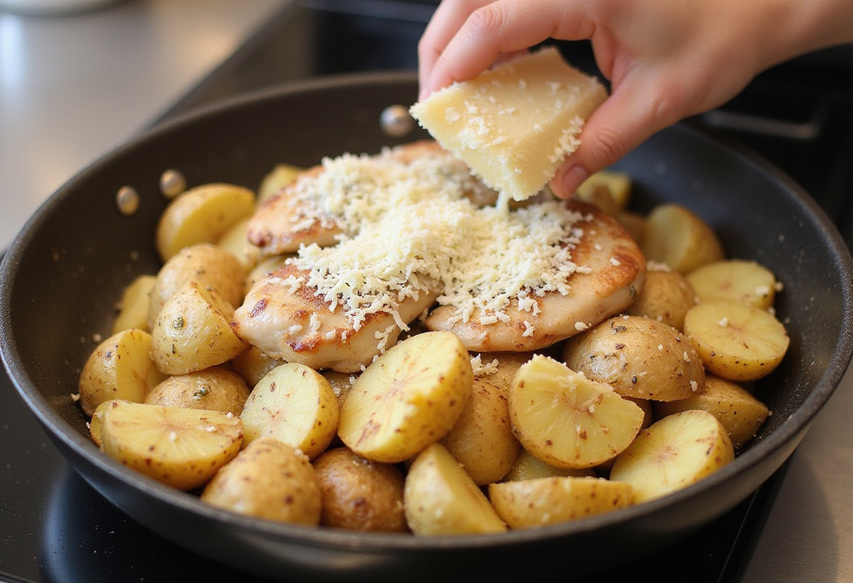 Mixing chicken and potatoes with Parmesan cheese for Garlic Parmesan Chicken and Potatoes, highlighting the delicious blend in the skillet.