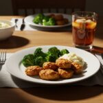 Delicious air fryer chicken bites and broccoli served on a beautiful platter, showcasing a healthy and appetizing meal.